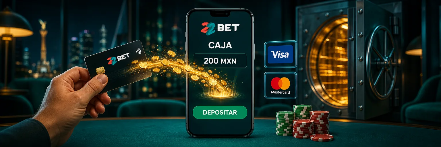 Caja de 22Bet con un depósito de 200 MXN, el botón DEPOSITAR y los logos de Visa y Mastercard
