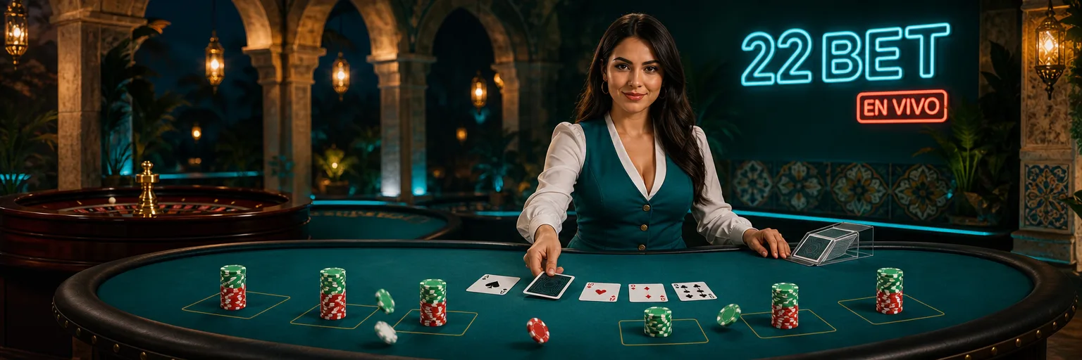 Mesa de casino en vivo de 22Bet con crupier real repartiendo cartas
